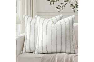 HOMEIDEAS Decorative Chenille Throw Pillow Covers 20x20 Set of 2, Striped Textured Farmhouse Pillow Covers, Soft Cushion Cove