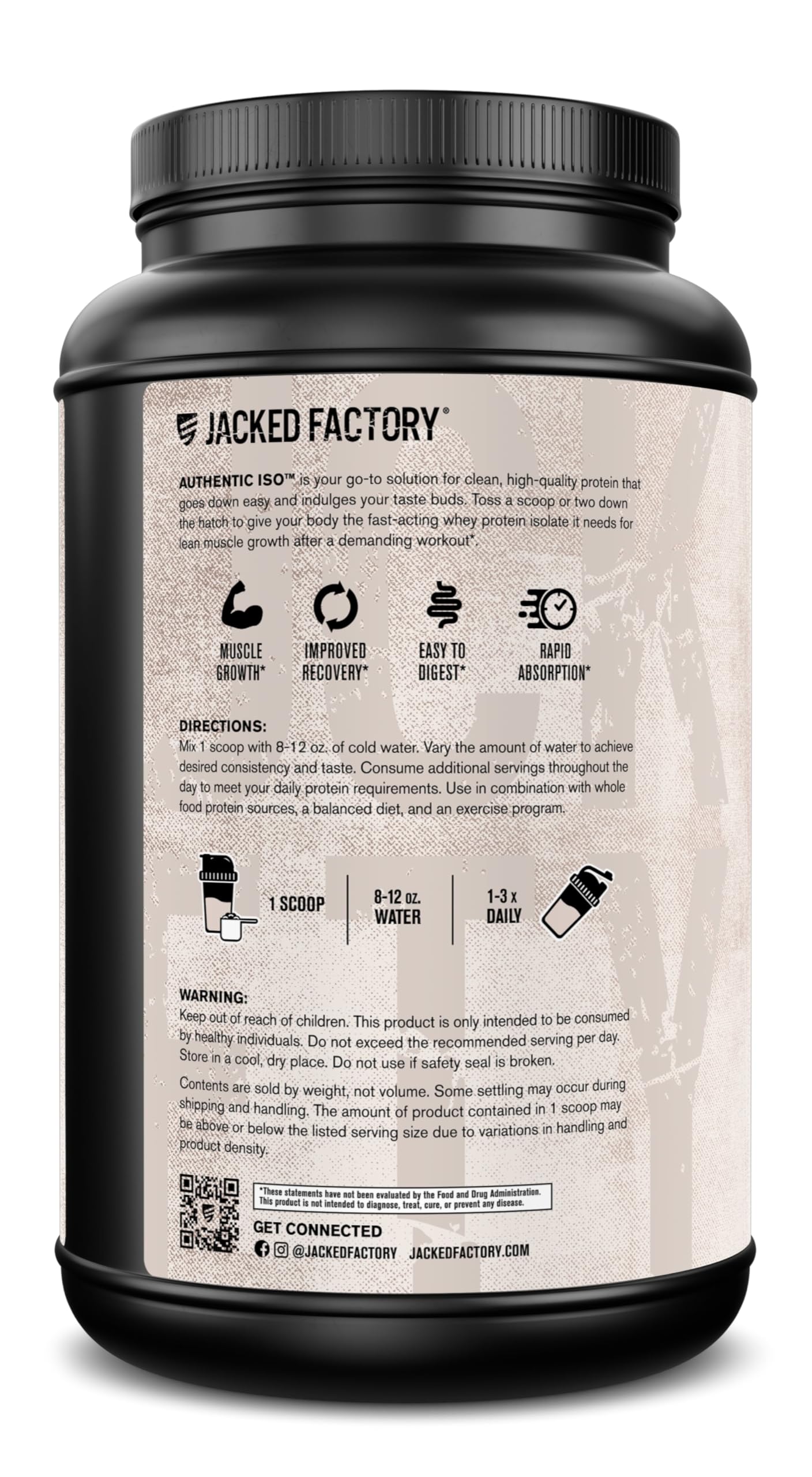Jacked Factory Authentic ISO Grass Fed Whey Protein Isolate Powder - Low Carb, Non-GMO Muscle Building Protein w/No Fillers, Post Workout Recovery, Cookies & Cream