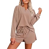 Ekouaer Pajama Set for Women Waffle Knit Lounge Sets Long Sleeve Top and Shorts Sleepwear Matching Loungewear S-XXL