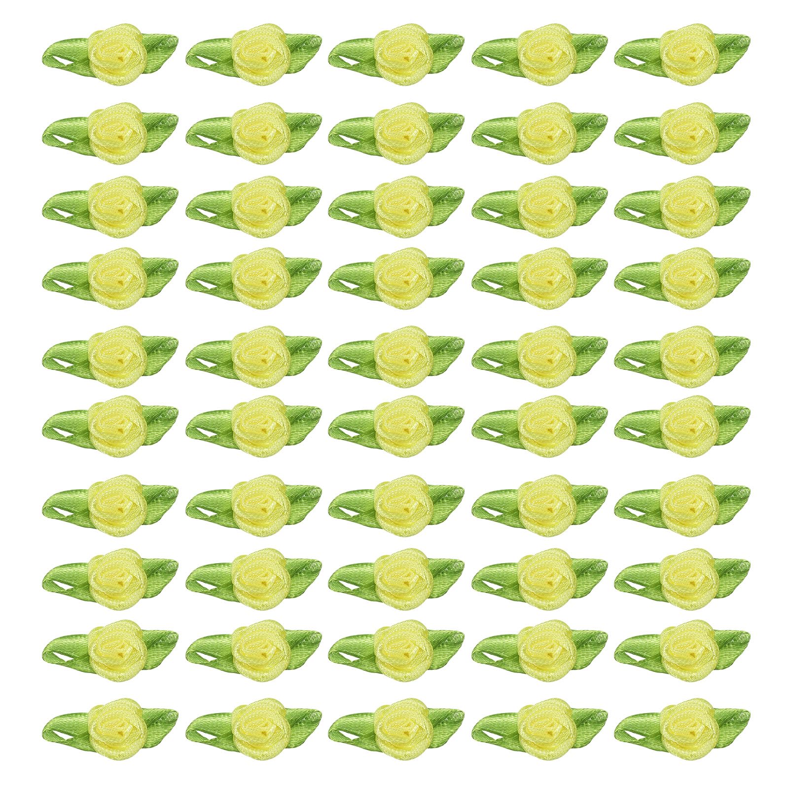 PATIKIL 15mm Tiny Satin Ribbon Rose, 100 Pcs Fabric Flowers Embellishments Rosettes Applique with Green Leaves for DIY Crafts Wedding Decor, Yellow