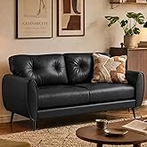61'' Black Faux Leather Loveseat, Small Tufted Couch for Living Room | Mini Sofa, Love Seat, Comfy 2-Seat Settee with Mid-Century Modern Tufted Design, Office Bedroom Small Spaces, Black