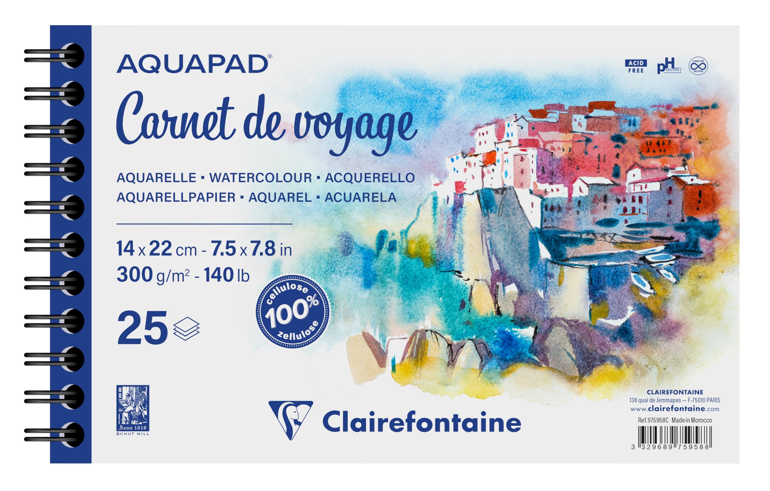 Clairefontaine 975958C - Aquapad Spiral-bound Travel Journal - 25 Sheets of Medium-Grain White Watercolour Paper 14x22 cm 300g - Ideal for Globetrotting Artists