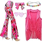 ATAMET 5 Pcs 60s 70s Hippie Costume Disco Outfits Fringe Vest Boho Bell Bottoms Peace Accessories Set Halloween for Women