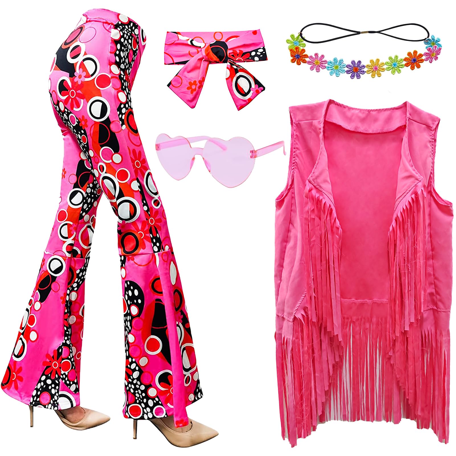 XonyiCos 6pcs 70s Fancy Dress Women Hippie Costume Disco Outfits Fringe Vest Boho Bell Bottoms Peace Accessories Set 70s 60s Fancy Dress for Women Adult Halloween Costume (Pink, S)
