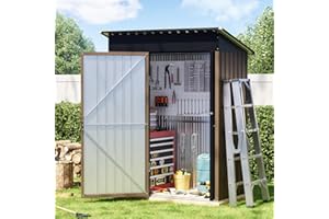 BREEZZ 5x3FT Vertical Outdoor Steel Storage Shed, Lockable Doors, Compact Metal Tool Shed for Garden, Backyard, Patio, Utility, and Bike Storage,Brown