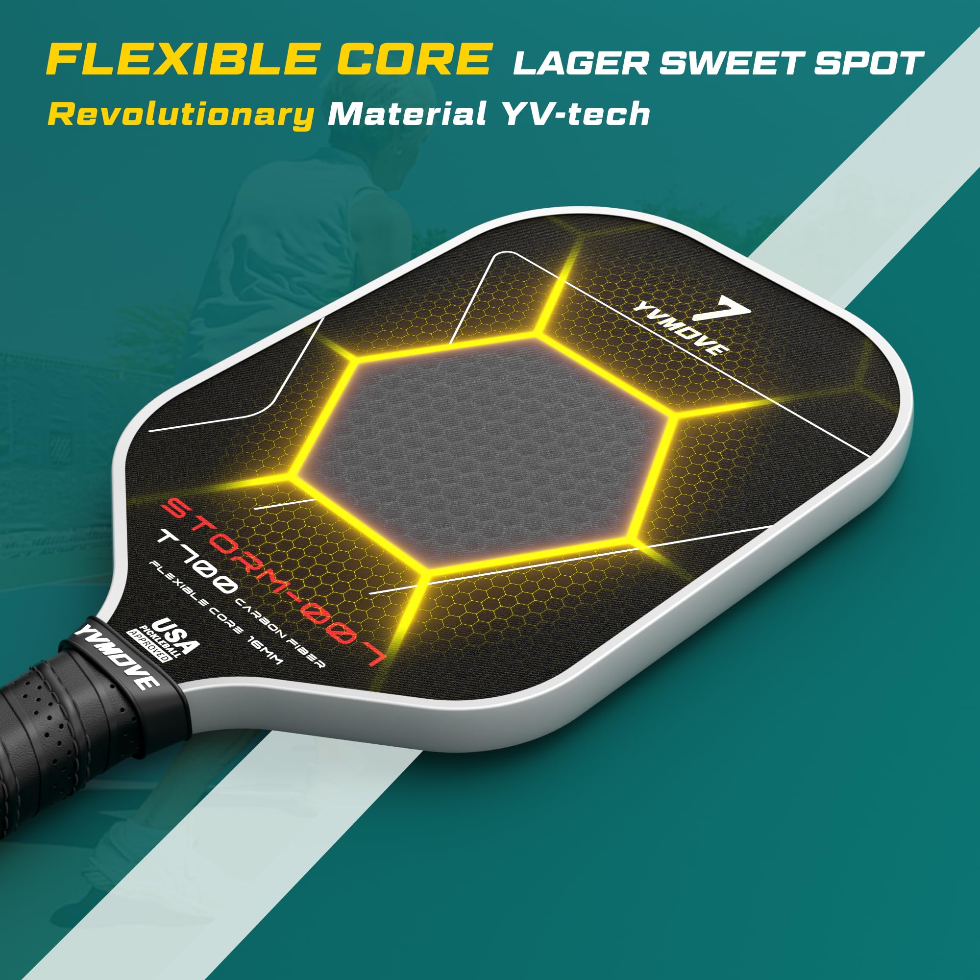 Pickleball Paddle with T700 Raw Carbon Fiber Surface & 16mm STR-Core Power Polymer Core, Premium Pickle Ball Racket Designed for Ultimate Spin & Consistency, USAPA Approved Storm 007