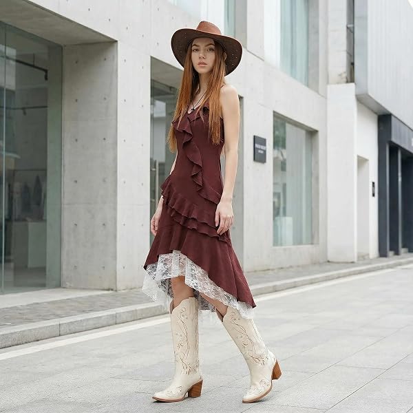 LEUNDEN BEIGE COWBOY BOOTS FOR WOMEN, KNEE HIGH COWGIRL BOOTS WITH POINTED TOE, CHUNKY HEEL, FLORAL EMBROIDERY WESTERN BOOTS SUEDE TALL BOOTS SIZE 10