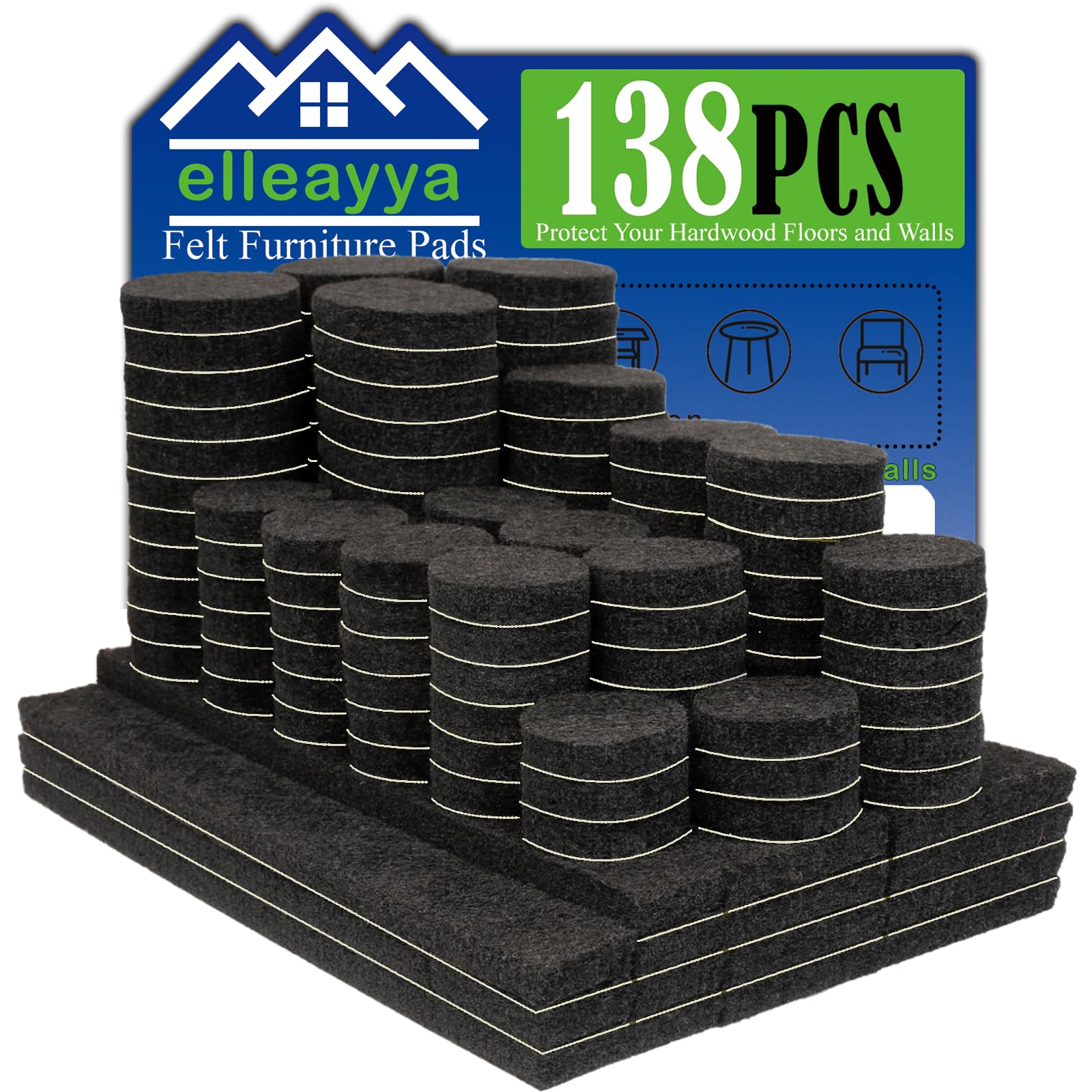 Super Sticky Felt Pads for Furniture Feet, Furniture Pads Floor Protectors (138PCS: Round 19/22/25mm & Rectangle 13/25/32mm, 5mm Thick, Black) Minimise Chair Movement Noise and Protect Floors