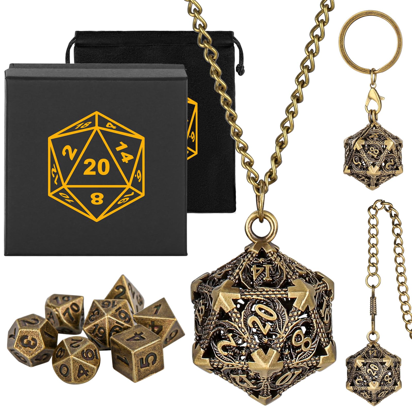Mini DND Dice Set with Portable Keychain Necklace Pocket Chain Hollow D20 Metal Case, Tiny 7pcs Polyhedral Metal D&D Dice Set, DND Gifts with Gift Box, Role Playing Board Games Accessories, Bronze