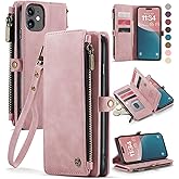 Defencase Compatible with iPhone 11 Case Wallet with RFID Blocking Card Holder for Women and Men, Fashion PU Leather Magnetic Snap Flip Zipper Strap Wallet Phone Case Fit for iPhone 11 6.1", Rose Pink