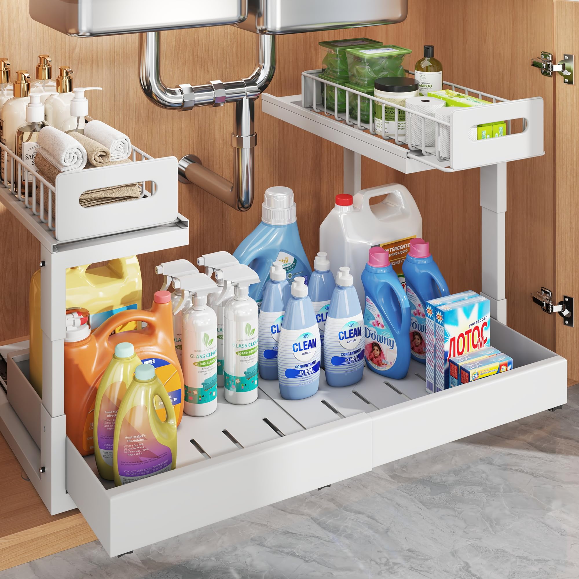 Photo 1 of 1 Pack Expandable Under Sink Organizers And Storage With Upgrade Ball-Bearing Slide Tracks,2-Tier Pull Out Under Cabinet Organizer Height Adjustable,Slide Out Under Sink Drawers-White(Patent Pending)