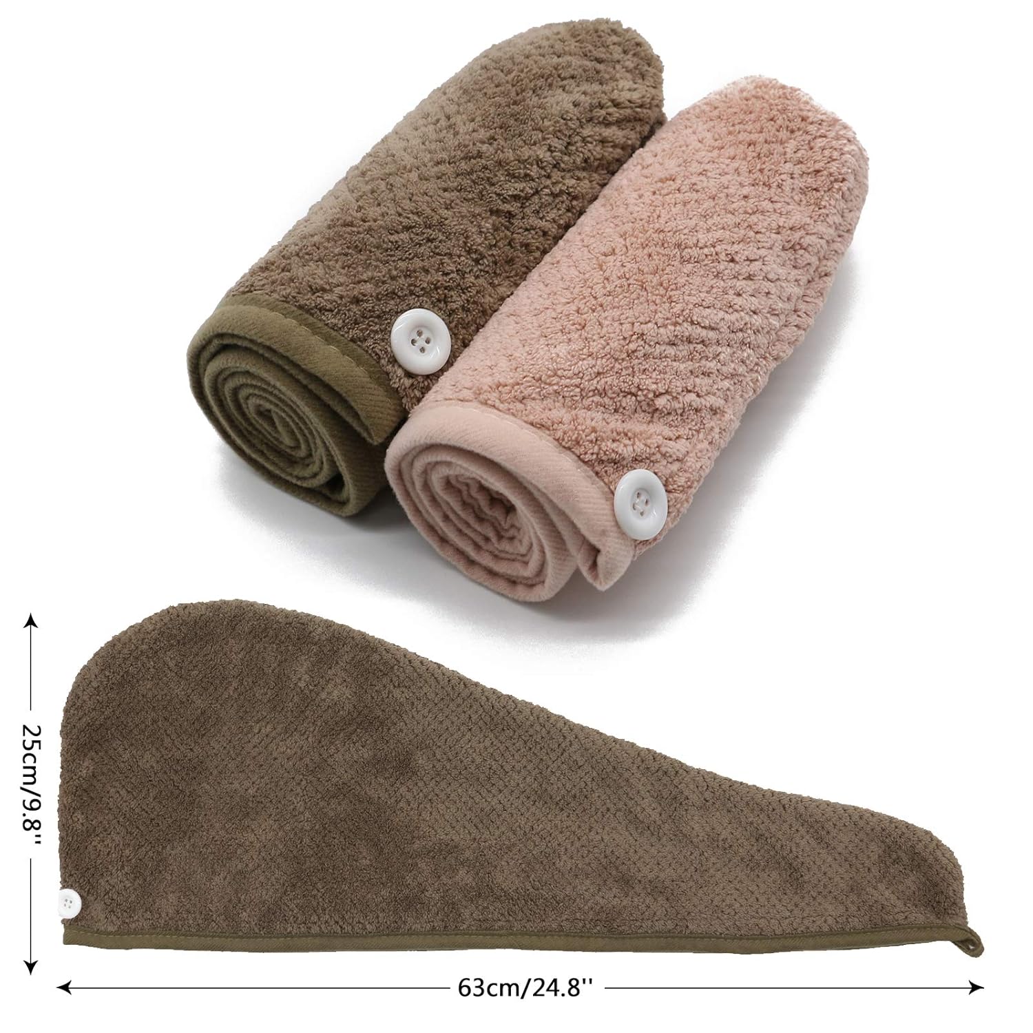 2Pack Hair Wraps with Button for Women,Super Absorbent and Soft Hair Drying Towel for Curly,Long &Thick Hair (Coffee & Pink): Kitchen & Dining