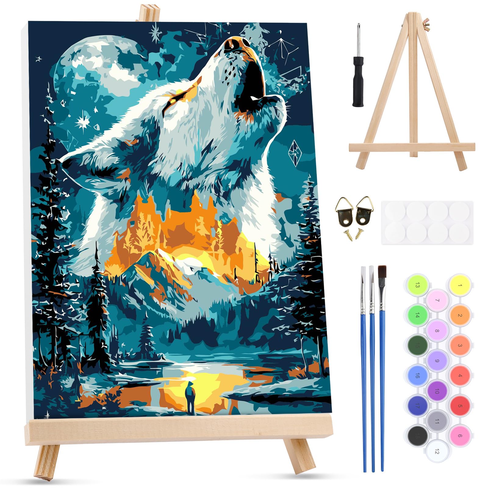MXJSUA Forest White Wolf Framed Paint by Numbers for Adults Beginners, Easy Adults' Paint-by-Number Kits on Canvas with Easel, Acrylic Number Painting Crafts Gifts for Home Decor, 20x30cm — image 1