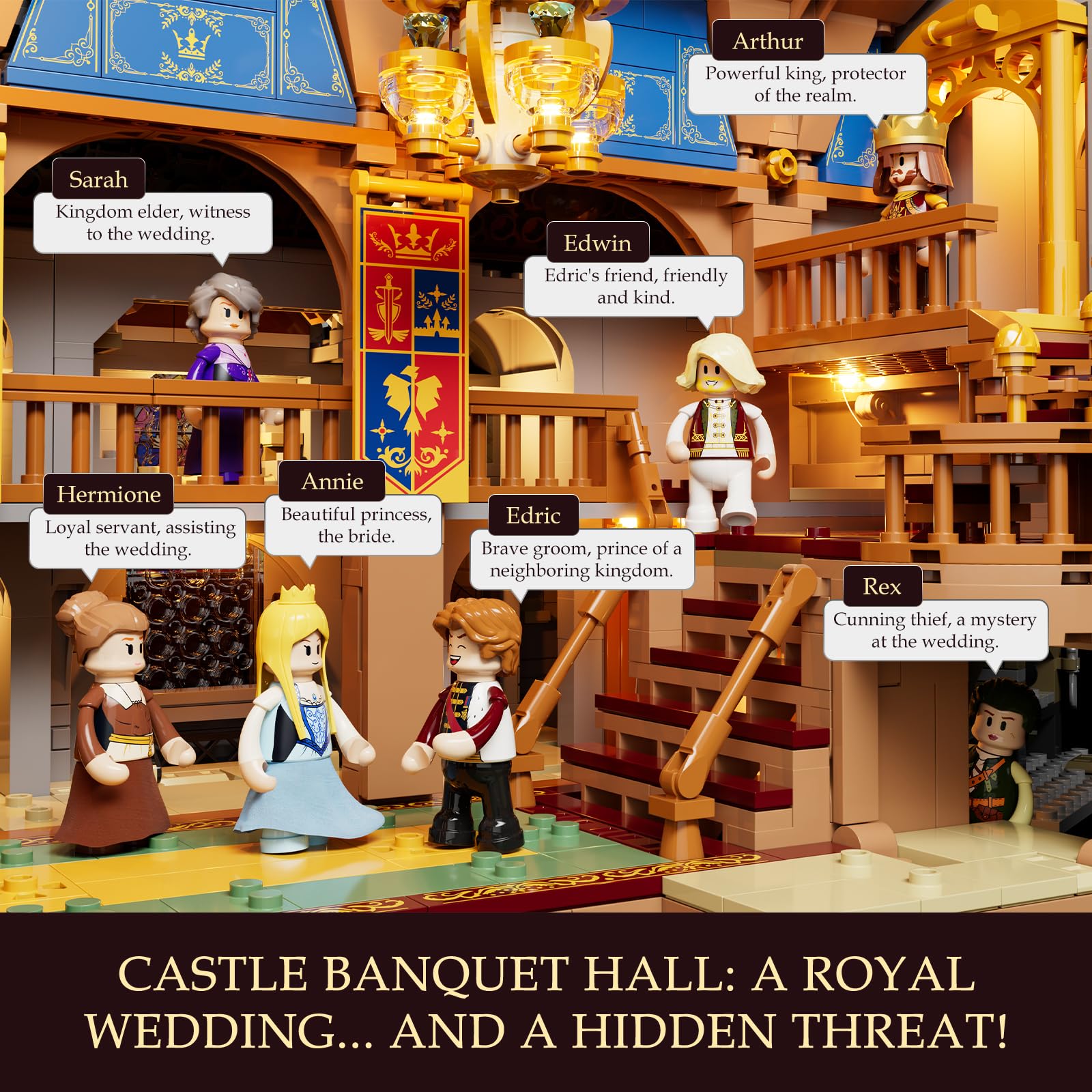 Lumibricks Mittelalter Castle Banquet Hall Bauset mit LED-Beleuchtung – 3232 Teile Große Burg mit Hochzeitsfest, 7 Minifiguren, Voll Bedruckte Steine – Sammlermodell für Erwachsene & Mittelalterfans 5