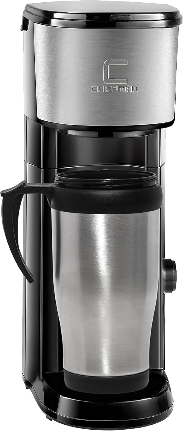 Chefman Coffee Maker K-Cup VersaBrew Brewer with included BONUS TRAVEL MUG and FREE FILTER For Use With Coffee Grounds - Rapid Boil - Small Footprint Single Serve - RJ14-SKG-M