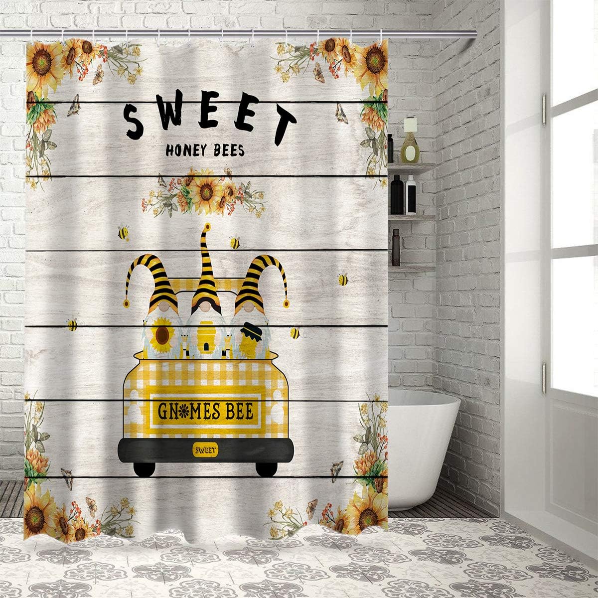 Amazon Com Z L Home Cute Gnomes And Bees On The Truck Shower Curtains For Bathroom Decor Retro Spring Floral Wood Polyester Fabric Waterproof Bath Curtain Set With Hooks 66 72inch Home Kitchen