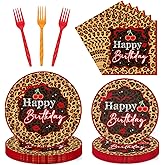 musaeva Cheetah and Cherry Birthday Decorations - 96 PCS Cheetah Print Cherry Plates Napkins Forks Tableware, Girls Night Women Bday Disposable Leopard Print Dinnerware Supplies 24 Guests