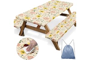 Britown Picnic Table Cover with Bench Covers Elastic Edges, Wild Flower Fitted Table Cover, Outdoor Patio Camping Essentials 72 Inch 3PCS, Waterproof Camping Fitted Tablecloth with Drawstring Bag