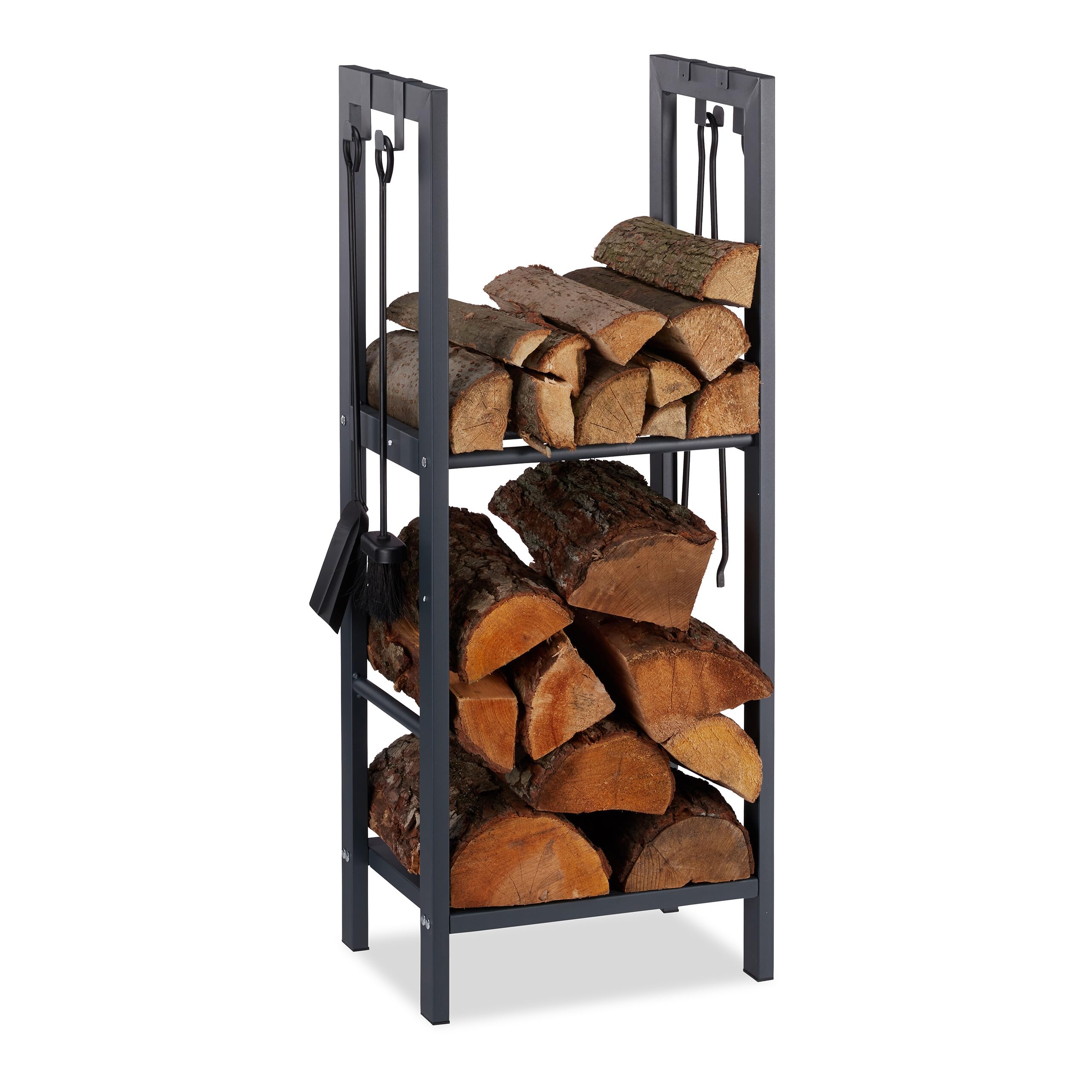 Relaxdays 2-Tier Firewood Rack, Steel Wood Pile Shelf, 4 Hooks For Fireplace Tools, 100x40x30 cm, Anthracite