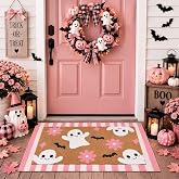 Drydiet 2 Pcs Pink Halloween Door Mat, Cute Ghost Outdoor Rug | Pink & White Checkered Layered Design for Front Porch, Patio & Entryway Ideal for Pink Holiday and Halloween Decor