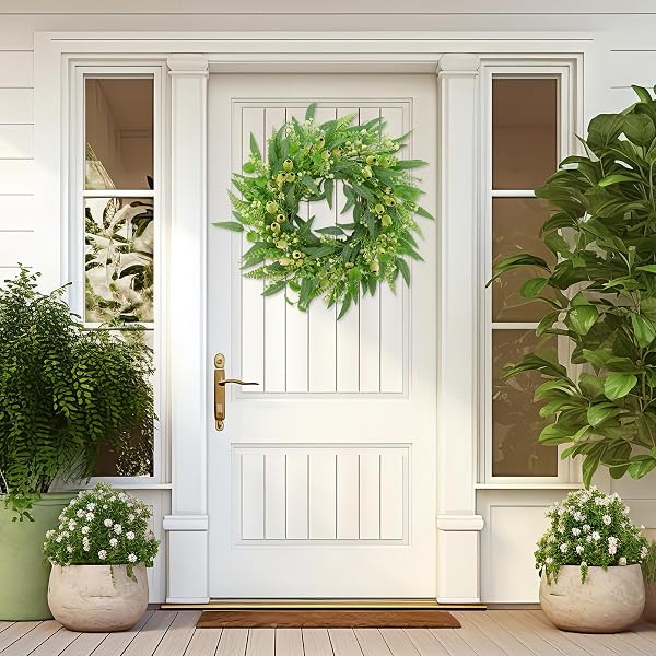 GREEN EUCALYPTUS WREATHS FOR FRONT DOOR,22 INCH ARTIFICIAL SPRING SUMMER WINTER WREATH WITH LARGE GREEN BERRIES,EUCALYPTUS LEAVES FOR INDOOR OUTDOOR WALL PORCH FESTIVAL FARMHOUSE HOME HOLIDAY DECOR.