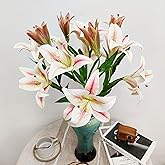Artificial Lily Flowers,4 Pcs Faux Lily Flowers,32.5 Inch Long Stem Tiger Lily Branch with 2 Full Blooms and 1 Bud, Latex Real Touch Lilium Flower for Wedding Bouquet (4, Pink Purple)