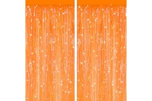 PATYPIRE 2 Pack Orange Metallic Tinsel Foil Fringe Curtains, Door Streamers Photo Booth Backdrop for Birthday Party, Tinsel Curtain Backdrop for Baby Shower Bachelorette Christmas Party Decorations