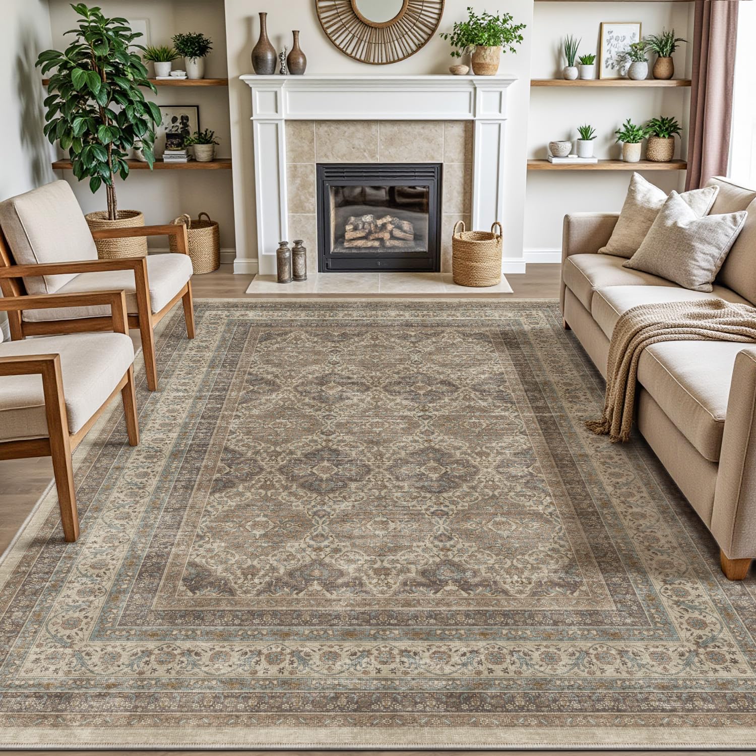 Photo 1 of DEXI Area Rugs for Living Room, 8x10 Washable Low Pile Vintage Traditional Rug for Bedroom, Non Slip Large Indoor Carpet for Dining Office Nursery, Warm Taupe