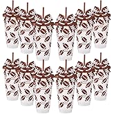 Skylety 12 Sets Sports Plastic Tumbler with Lid and Straw Bow Decorated 24oz Reusable Ball Themed Plastic Cups Sports Gifts for Fan Friend Birthday Ball Team Party Supplies(Football,Brown)