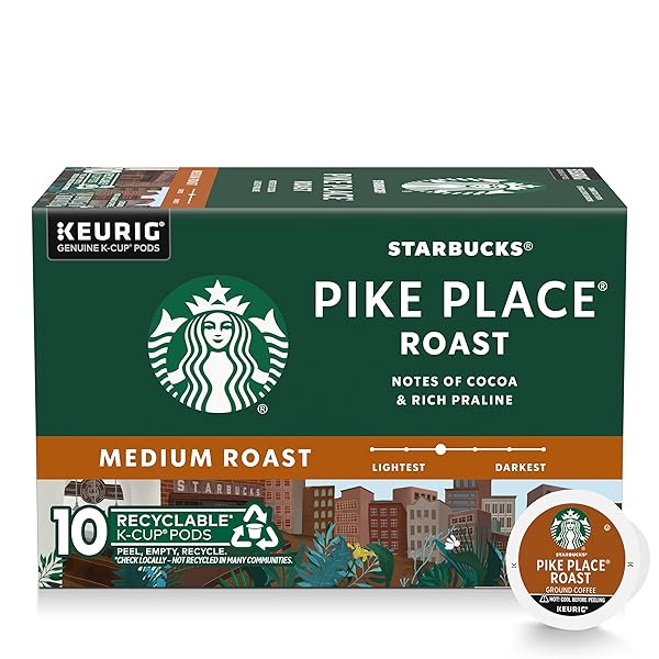 STARBUCKS K-CUP COFFEE PODS, MEDIUM ROAST HOT OR ICED COFFEE, PIKE PLACE ROAST, 10 KEURIG PODS ​