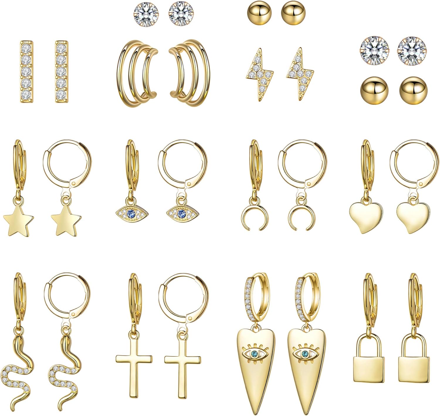 Aganippe 15 Pairs Gold/Silver Tone Plated Small Hoop Earrings with Charm for Women Girls Huggie Hoop Earrings and Cubic Zirconia/Round Ball Stud Earrings for teens Girls