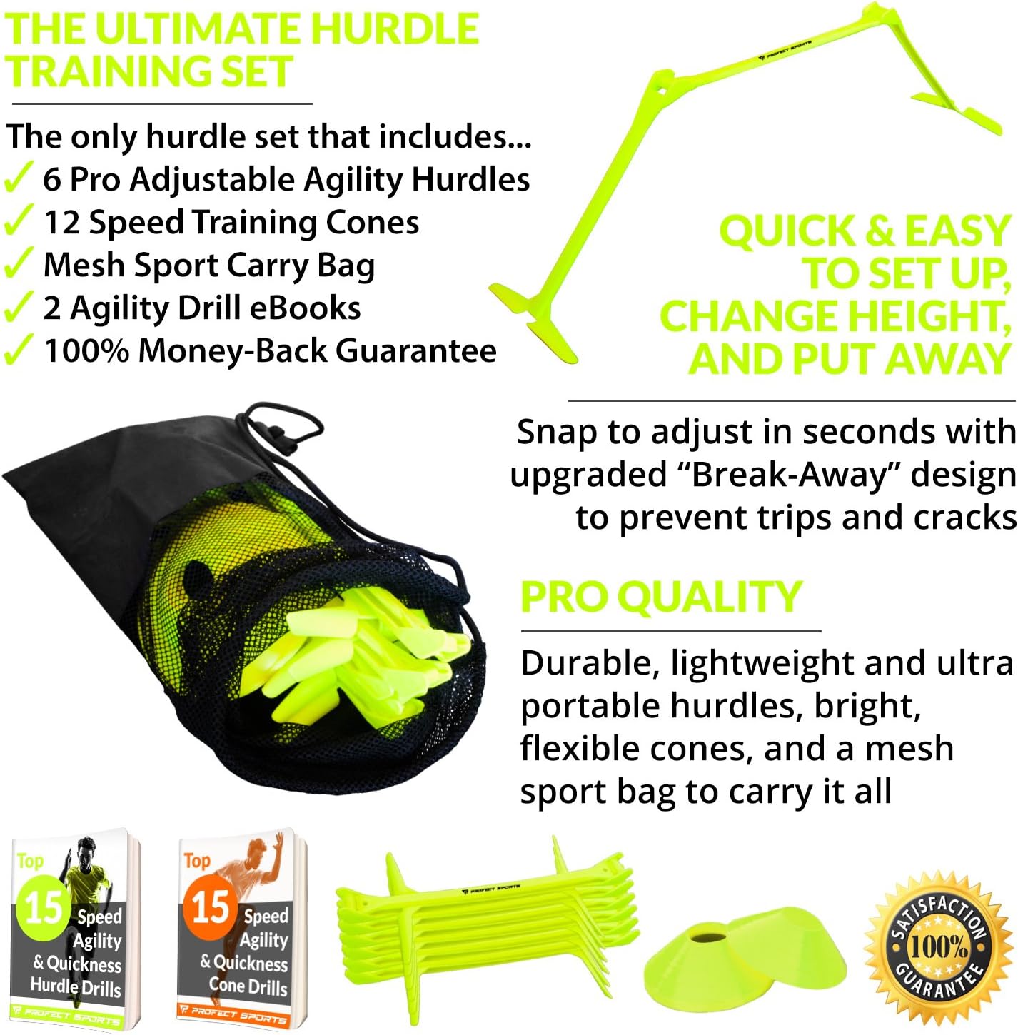 Pro Adjustable Hurdles and Cone Set – 6 Agility Hurdles (6", 9" or 12" Height) with 12 Disc Cones for Soccer, Sports, Plyometric Speed Training – Includes Carry Bag & 2 Agility Drills eBooks (Yellow) : Sports & Outdoors