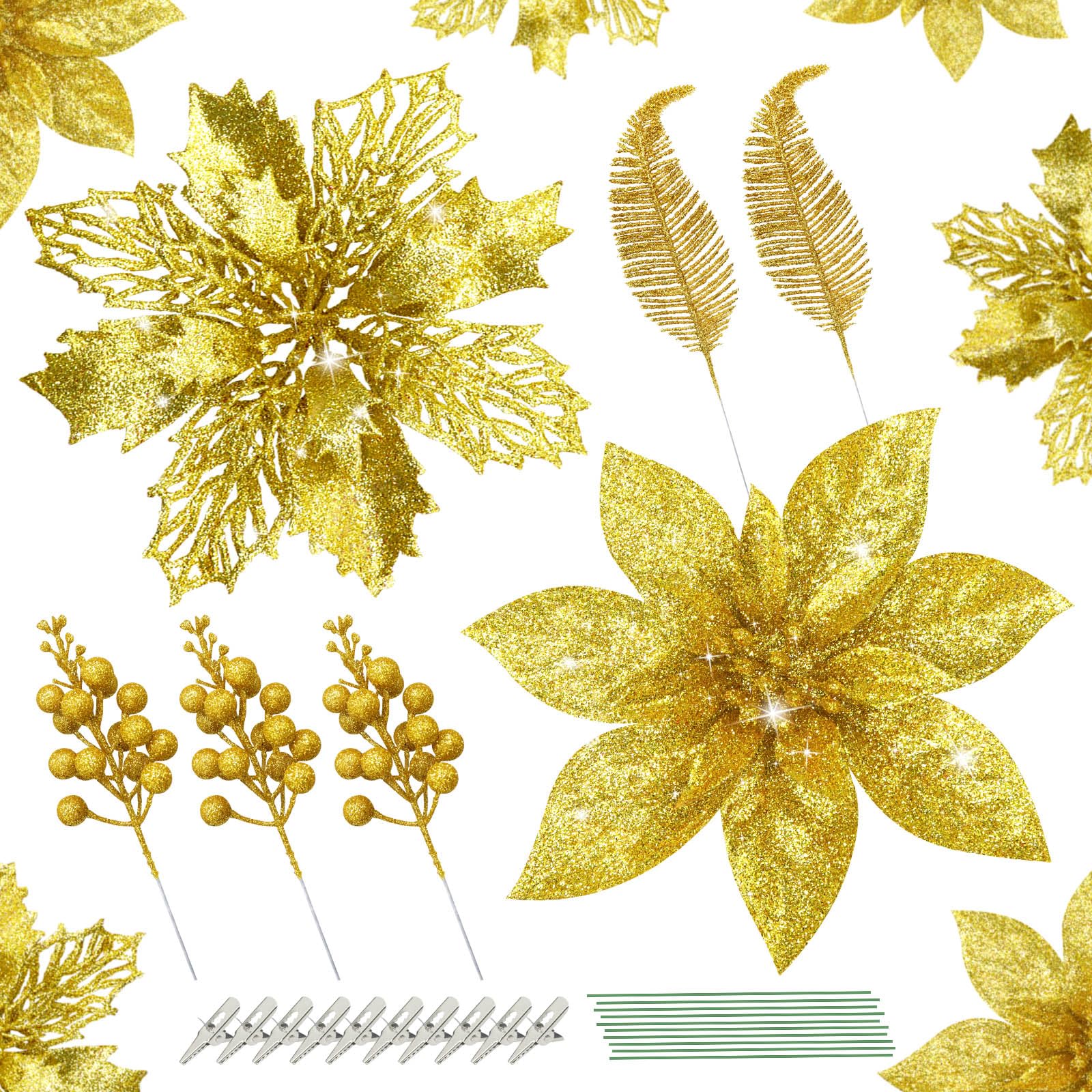 Yueshop 62 PCS Christmas Tree Decorations,Glitter Artificial Poinsettia Set, Artificial Leaves Berry Stems Christmas Flowers Decoration Stems Clips for Wedding Party Wreath Garland Decorations(Gold)