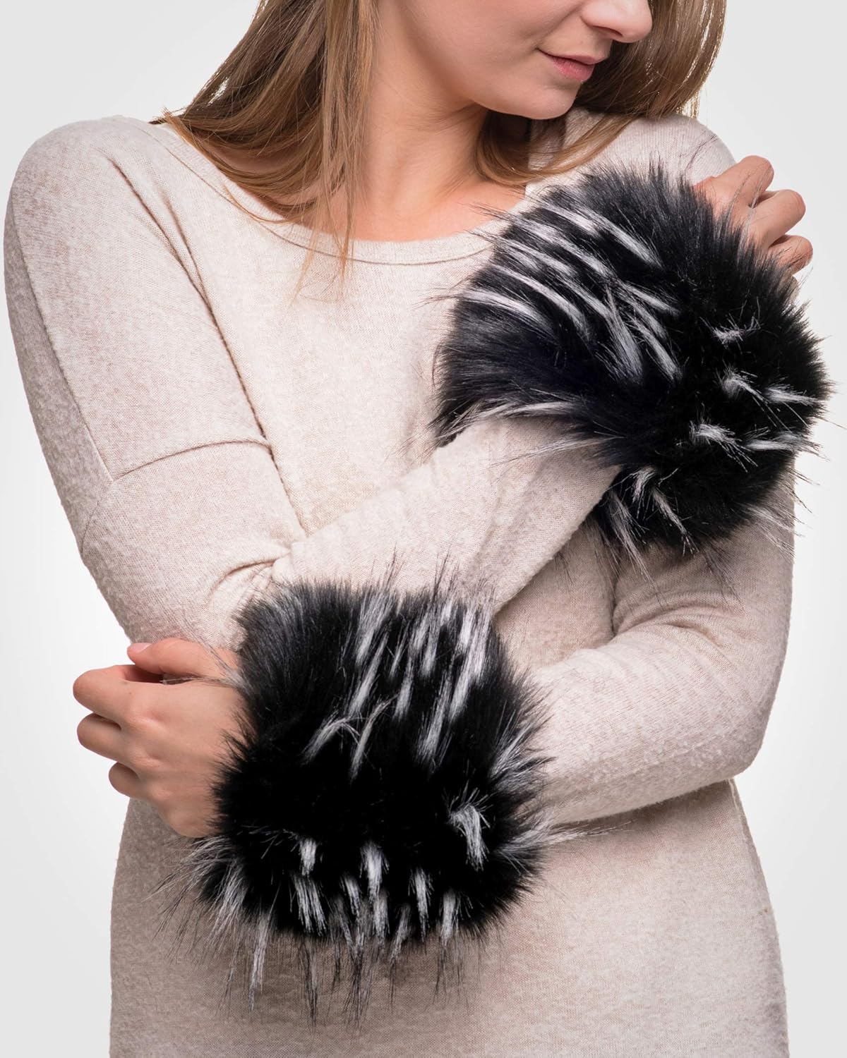 Futrzane Classic Cuffs - Faux Fur Cuffs for Wrists - Womens Coats Furry Warmers (Black with White Classic) - Image 4