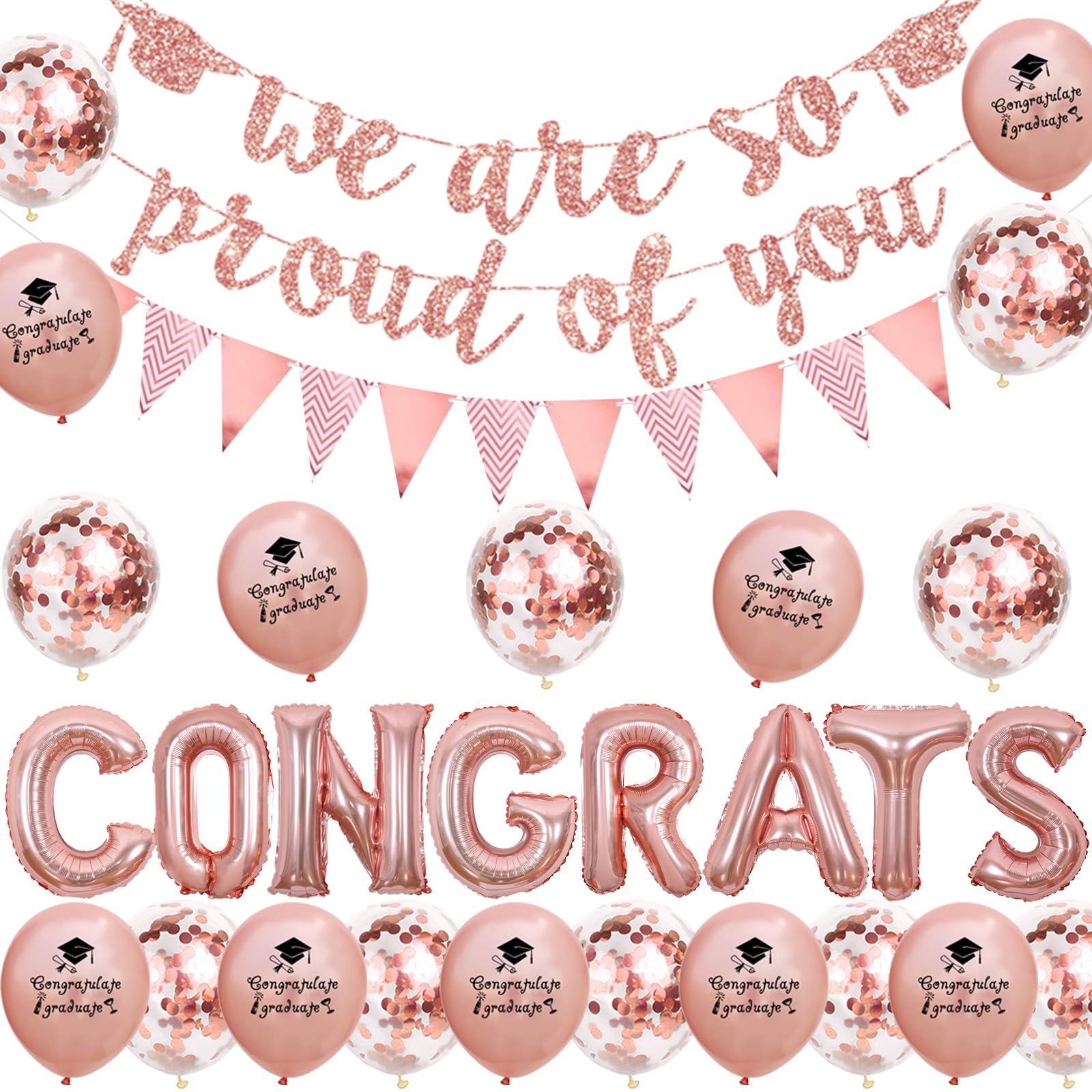 Funmemoir Rose Gold Graduation Party Decorations 2026 Include We Are So Proud Of You Banner, Rose Gold Triangle Bunting Garland, Congrats Foil Balloons, Congratulations Grad Well Done Party Decor