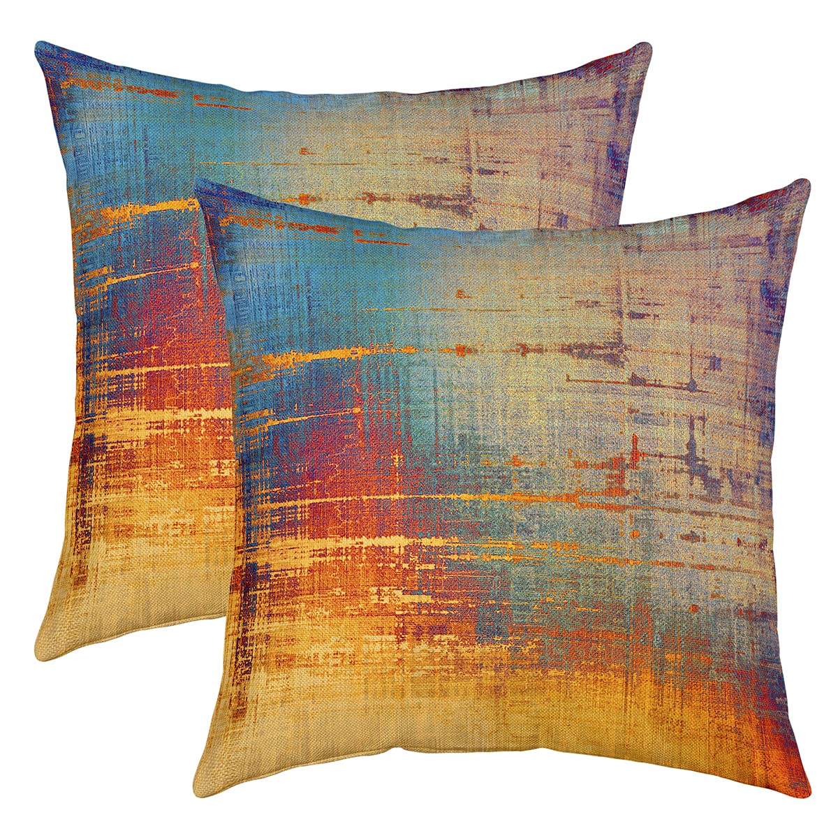 Vintage Abstract Throw Pillow Covers 22"x22" Set of 2 Soft Blue and Yellow Messy Rust Painting Pillow Cases Cushion Covers For Living Room Modern Grunge Art Decorative Throw Pillowcases for Sofa