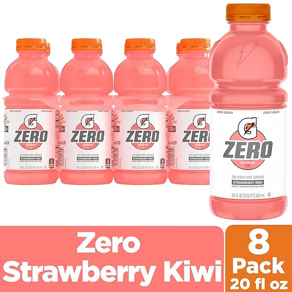 GATORADE THIRST QUENCHER ZERO SUGAR SPORTS DRINK, STRAWBERRY KIWI, 20OZ BOTTLES, 8 PACK, ELECTROLYTES FOR REHYDRATION