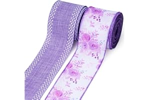 LaRibbons Floral Ribbon Wired 2 Rolls 2.5 Inch x 12 Yards TTL, Purple Rose Flower and Polka Dot Burlap Ribbon for Spring Mothers Day Crafts Gift Wrapping Wreath Bow Decoration