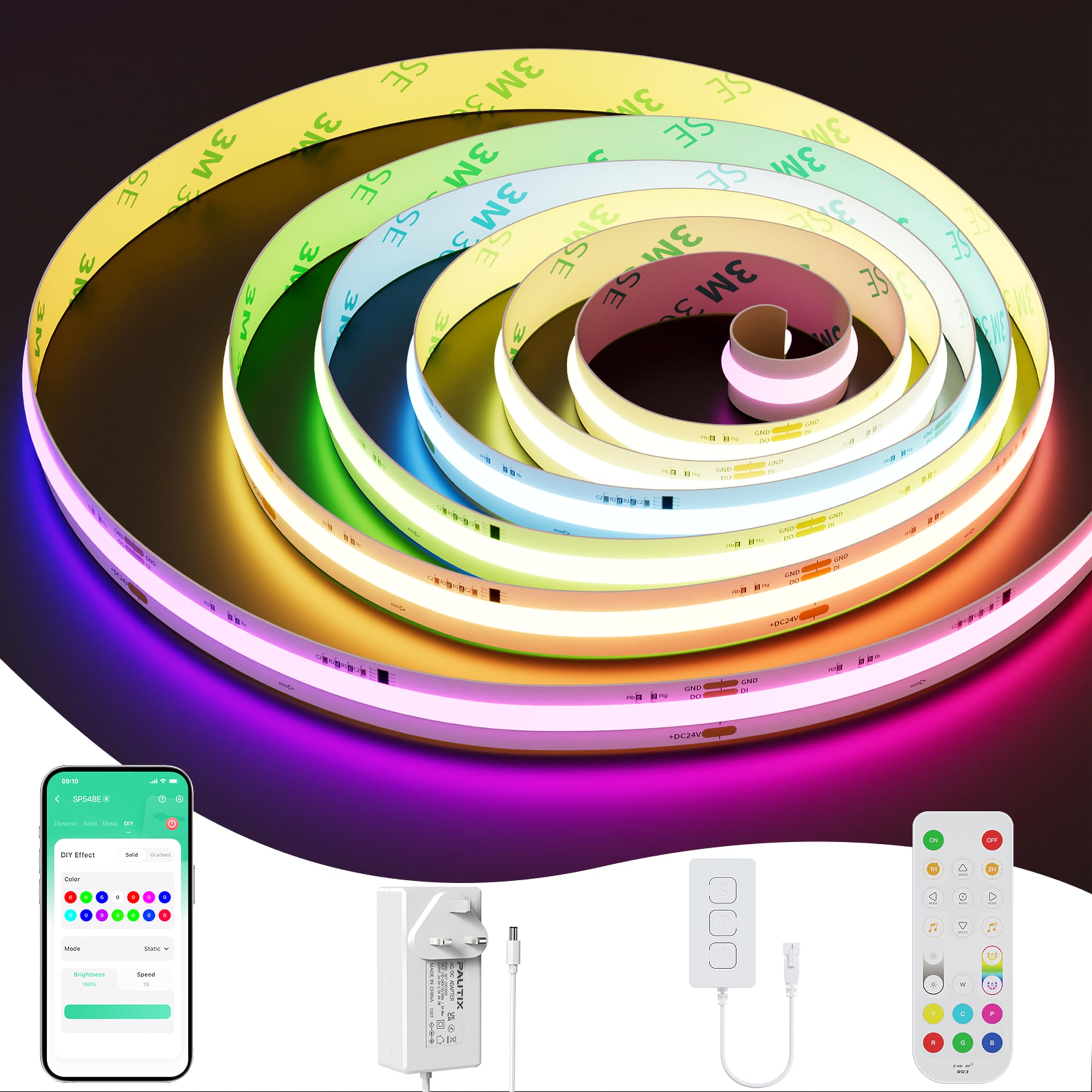 PAUTIX RGB Smart IC COB LED Strip 10M WiFi Colour-Changing LED Strips 6300LEDs Pixel Addressable Tape Compatible for Alexa/Google Assistant Flexible LED Lights for Cabinet Christmas Party Decor