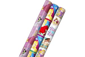 Hallmark Disney Princess Wrapping Paper with Cut Lines (Pack of 3, 60 sq. ft. ttl.) with Cinderella, Ariel, Mulan, Jasmine, Snow White and Belle for Birthdays, Christmas or Any Occasion
