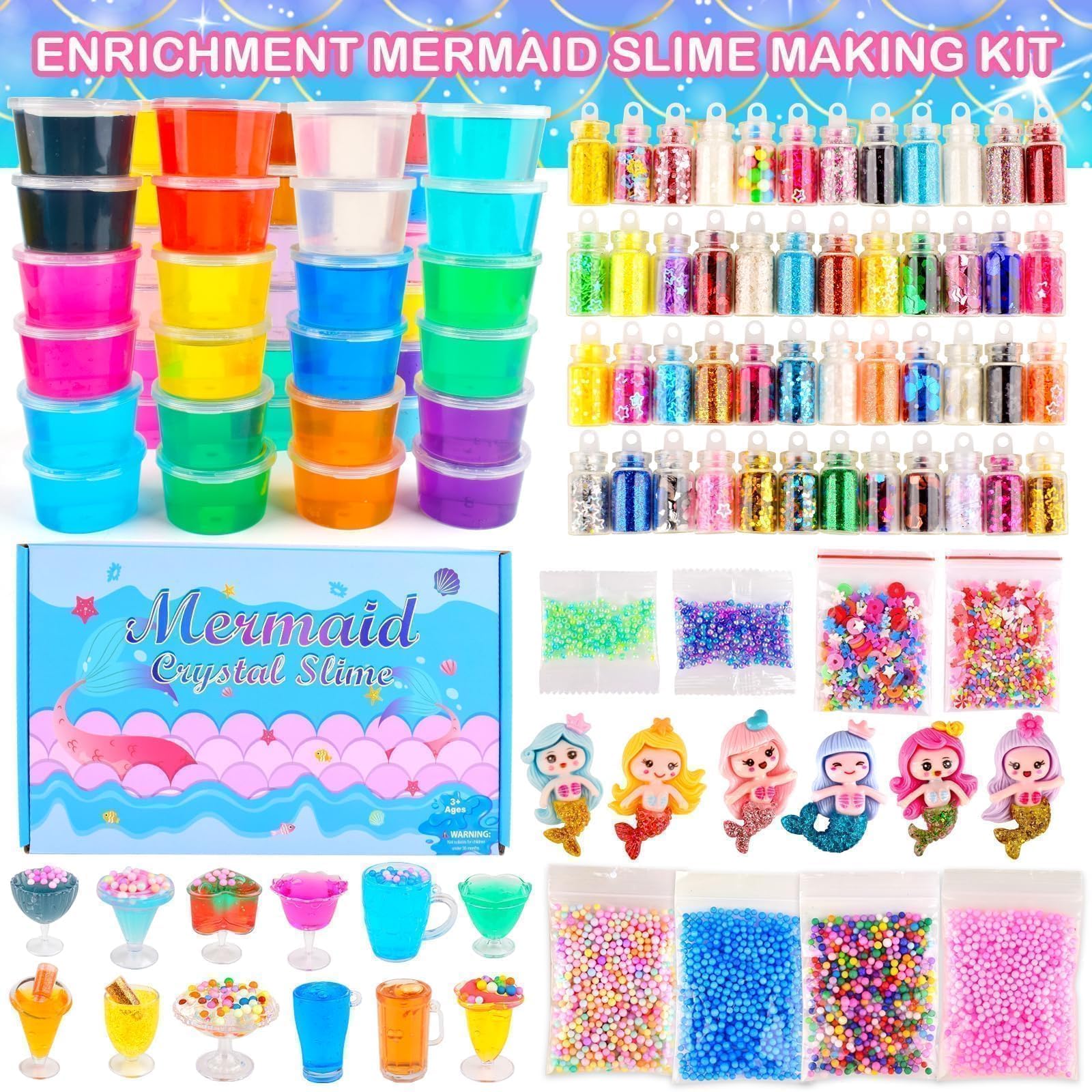 116pcs Large Package Slime Party Favors Kit, Boys and Girls 4-12 Relieve Stress Gift with Butter Clear Slime Clear Mix ins, Mermaid Charm Etc. Perfect Birthday DIY Toy for Kids 6-10