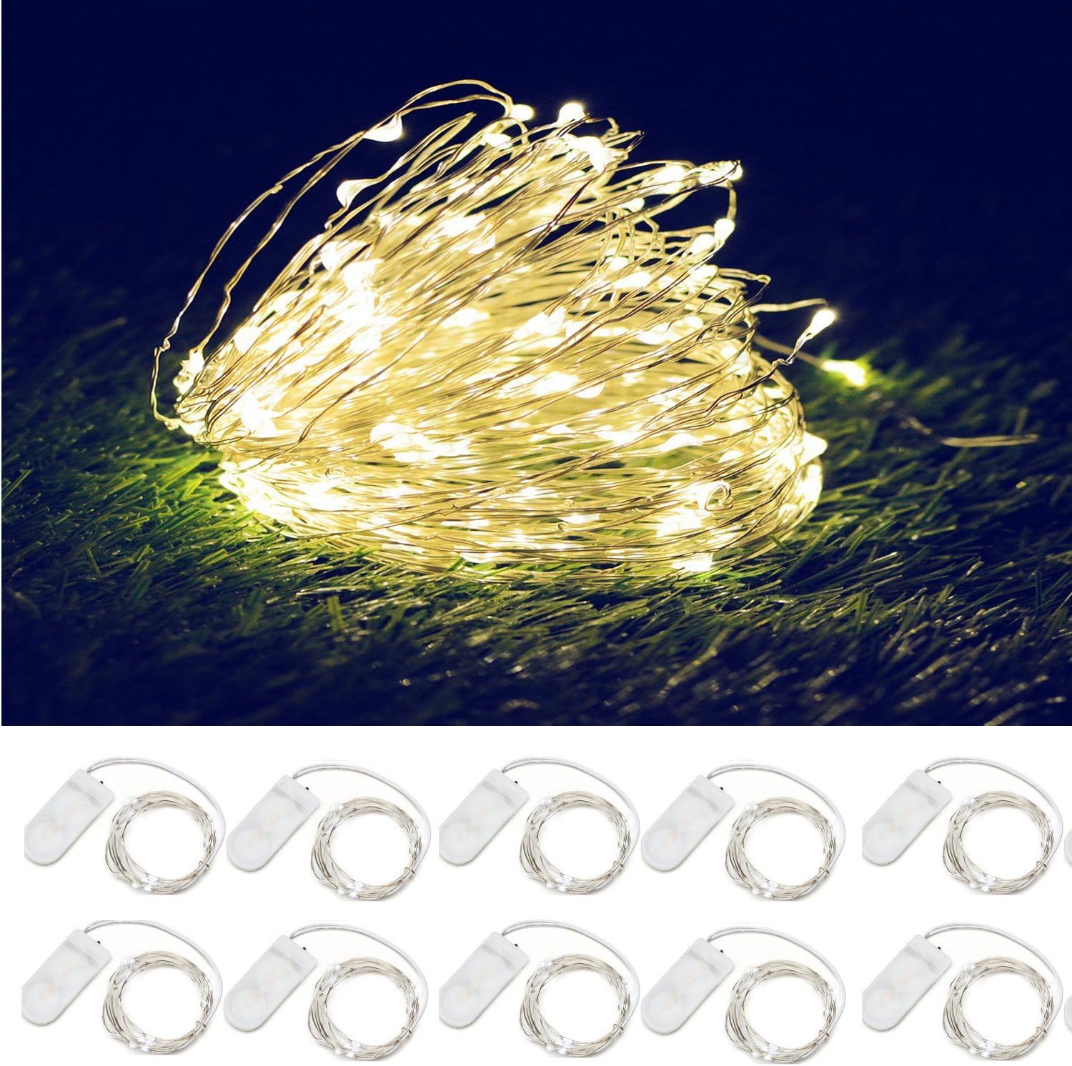 Fairy Lights LYA 10-Pack Warm White Fairy Led Starry String Lights 6.8 Feets/2M 20 Lights, Waterproof Silver Wire and Lights and Powered by 2 x CR2032 Batteries(Included!) for Any DIY Decorations