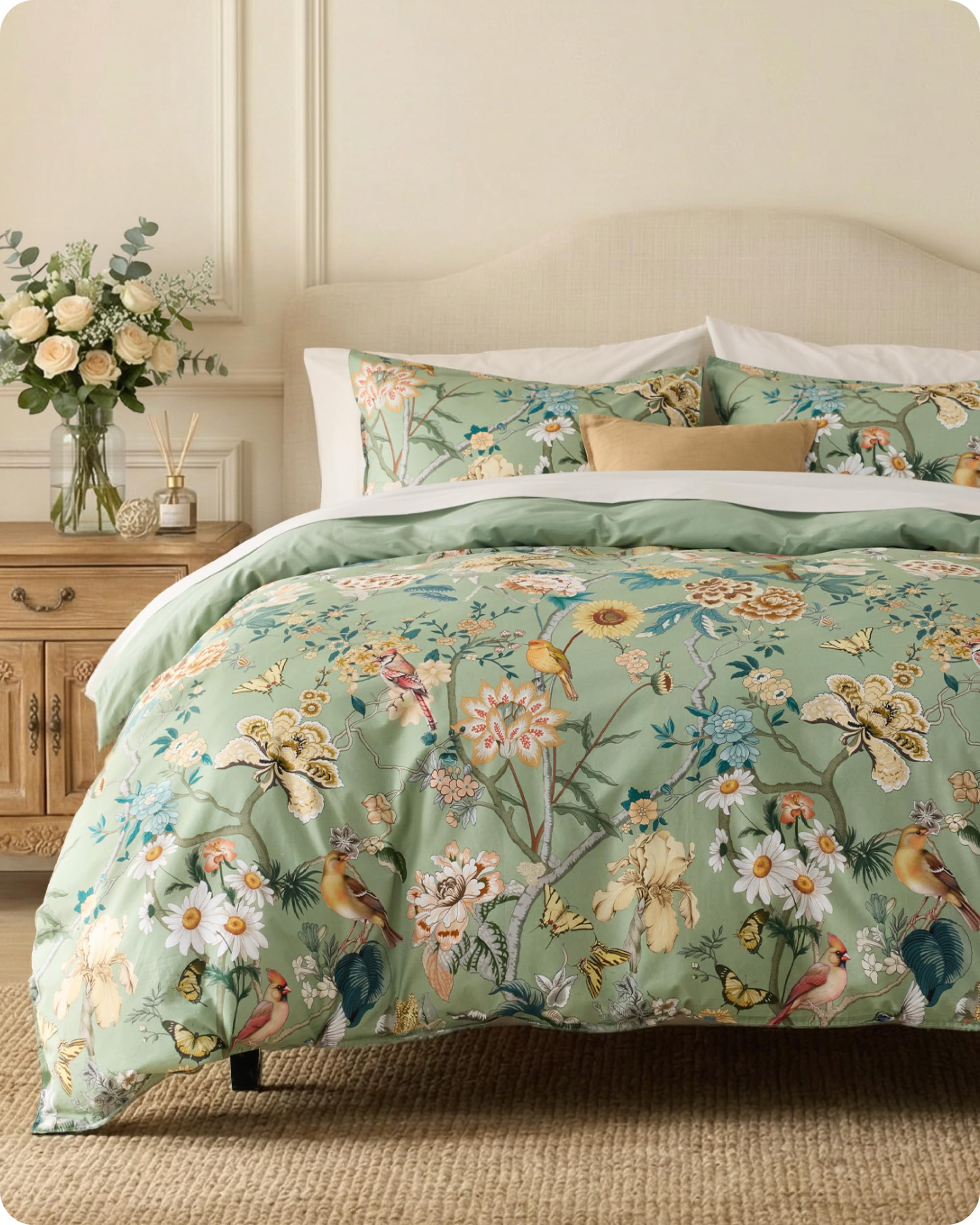 Bedsure 100% Cotton Reversible Floral Duvet Cover King Size - Flowers and Birds Pattern Printed Comforter Cover with Zipper Closure & 2 Pillow Shams, Comforter Sold Separately (Green Garden, 104"x90")