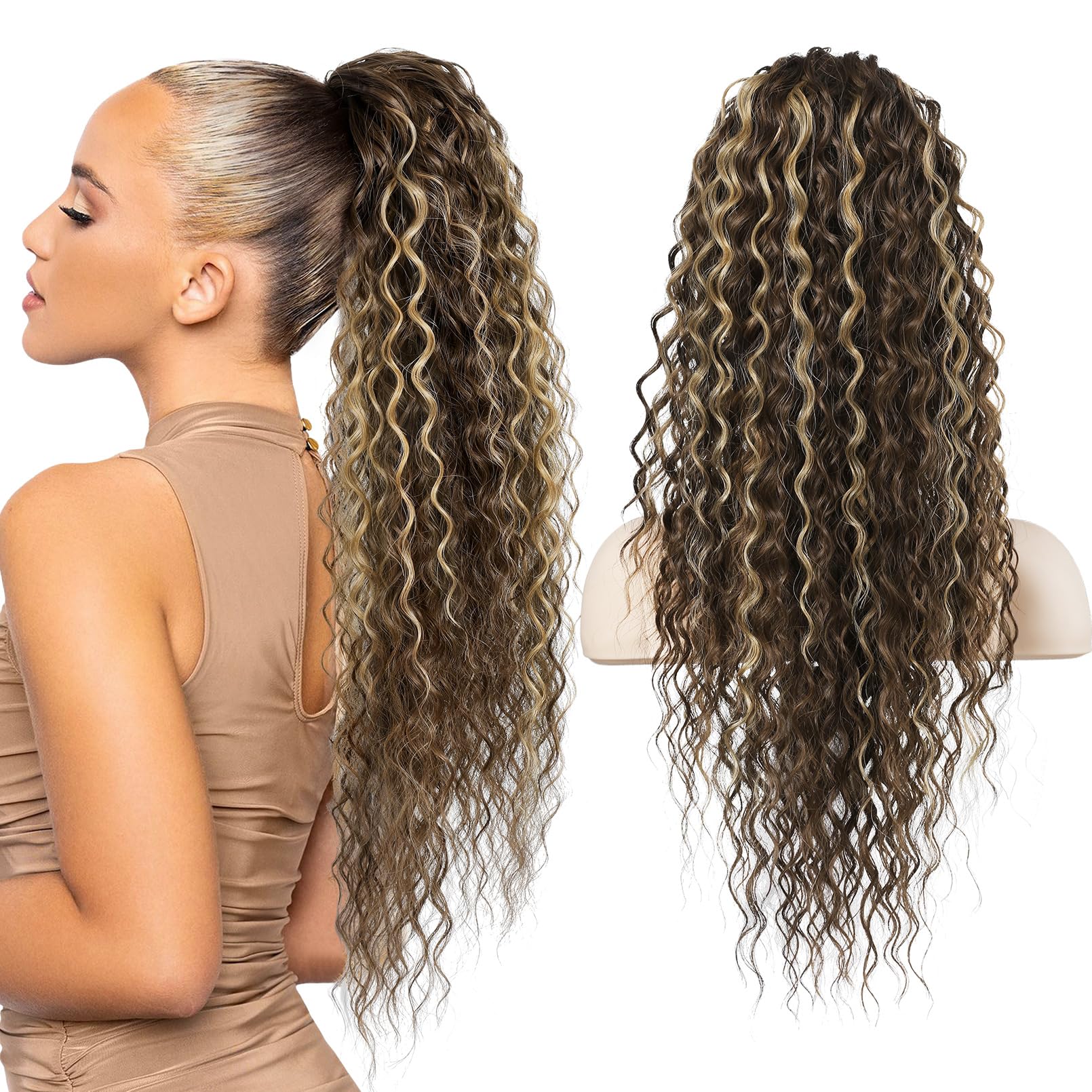 FLUFYMOOZ Ponytail Extension, 26 Inch Bohemian Style Drawstring Ponytail Hair Extensions for Women, Ponytail Natural Synthetic Hairpiece for Women (26 Inch Deep Brown with Dirty Blonde)
