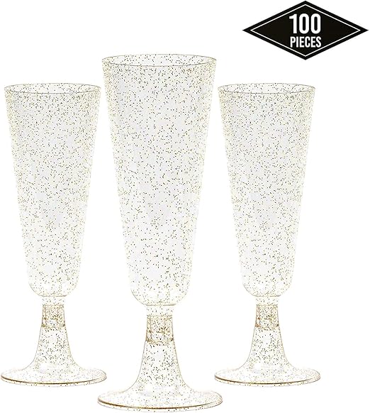MATANA 100 Pack Elegant Plastic Champagne Flutes Glasses with Gold