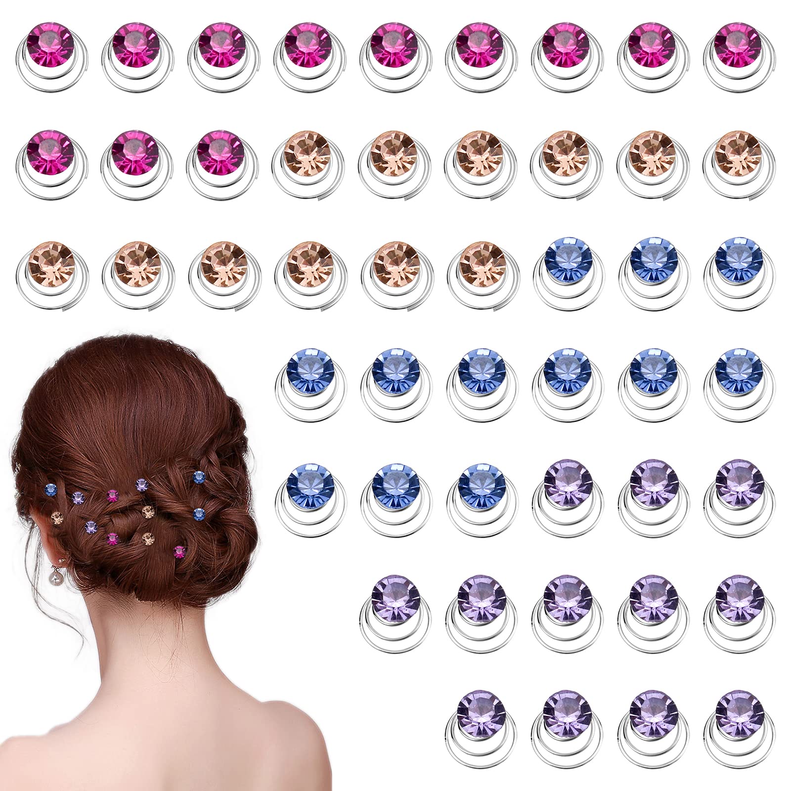 DonLeeving 48 Pieces Rhinestones Hair Spirals Clips Wedding Bridal Shiny Rhinestone Crystal Metal Spiral Twist Hairpins Swirl Twists Coils Accessories, Blue,Red,Rose,Purple
