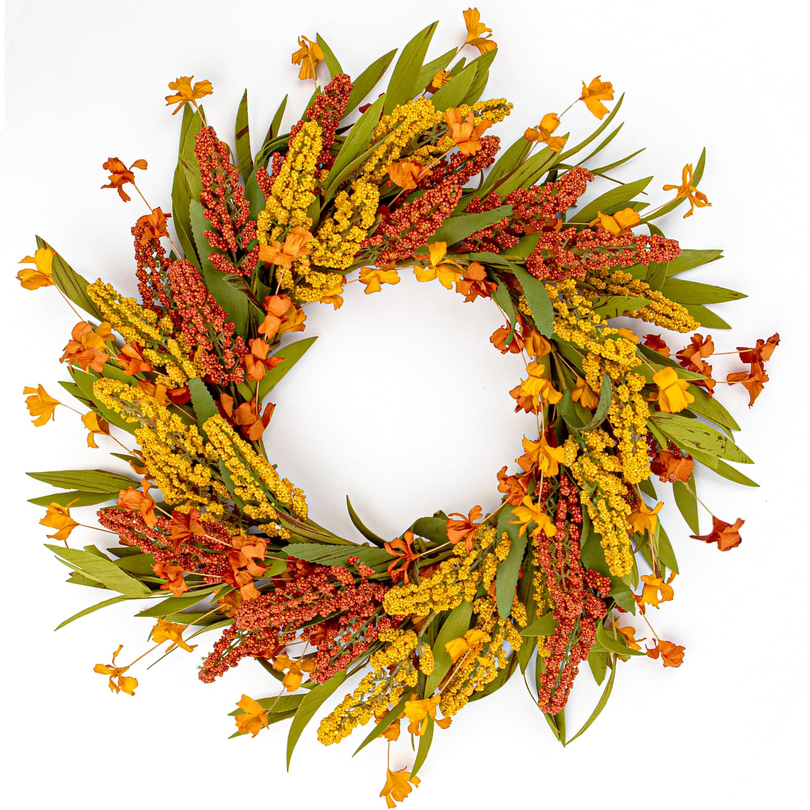 Photo 1 of ***Factory seal***

VioletEverGarden Fall Wreath for Front Door 20 Inch Autumn Wreaths Artificial Thanksgiving Wreath with Orange Yellow Sorghum Ear and Wildflower for Indoor Outdoor Harvest Festival Holiday Decorations