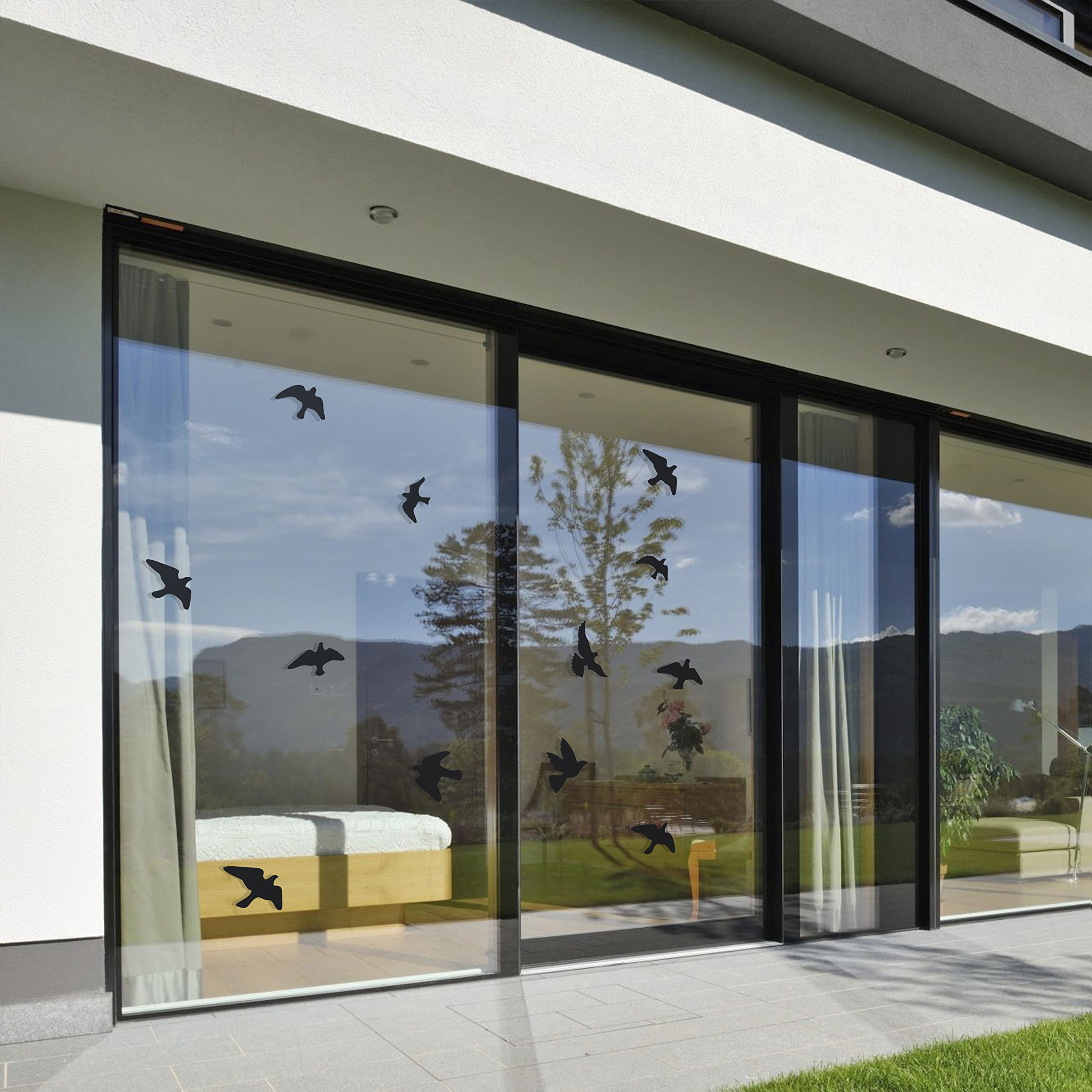 Anti-Collision Stickers for Bay Windows (12 Birds) - Prevent Birds or Bumps of People on Windows - Black