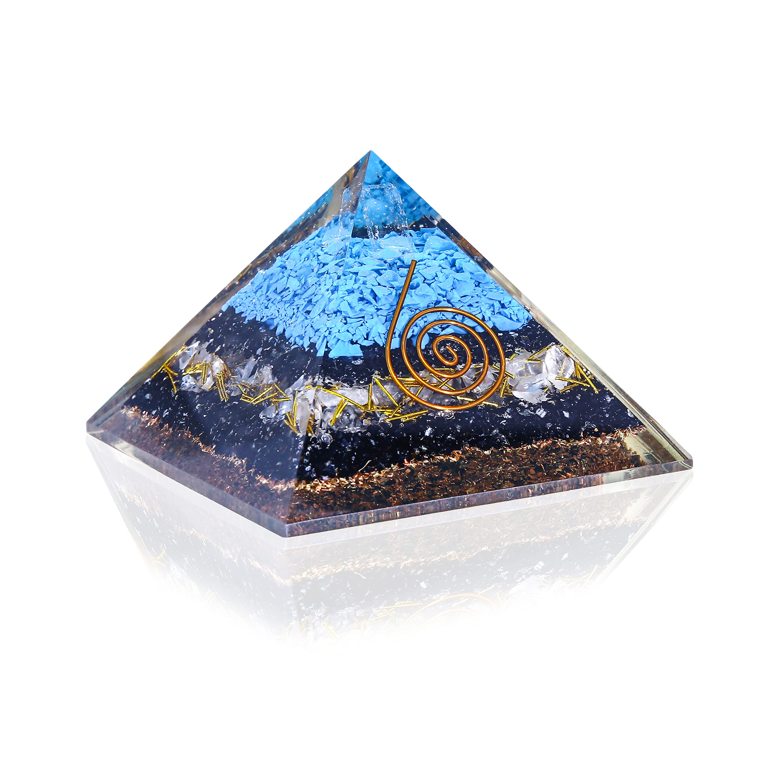 PURA ESPRIT Orgone Pyramid Black Tourmaline – Raw Turquoise Amazonite Clear Quartz Crystal Point - Chakra Healing Crystals Pyramid for Protection - Empath Abundance Healing Crystal Orgonite Pyramid