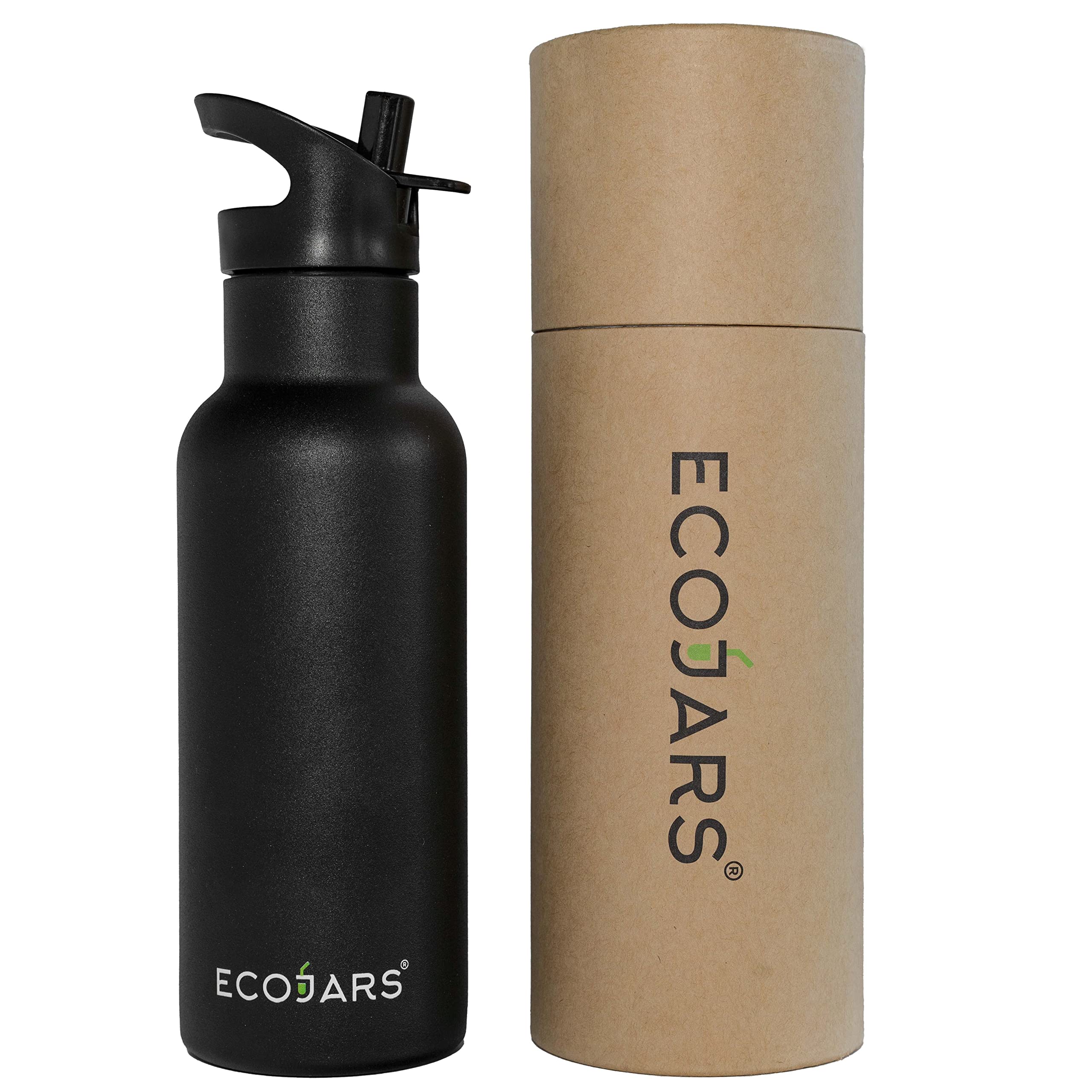 EcoJars Water Bottle with Standard Mouth Sport Straw, Black Matt Stainless Steel Double Wall